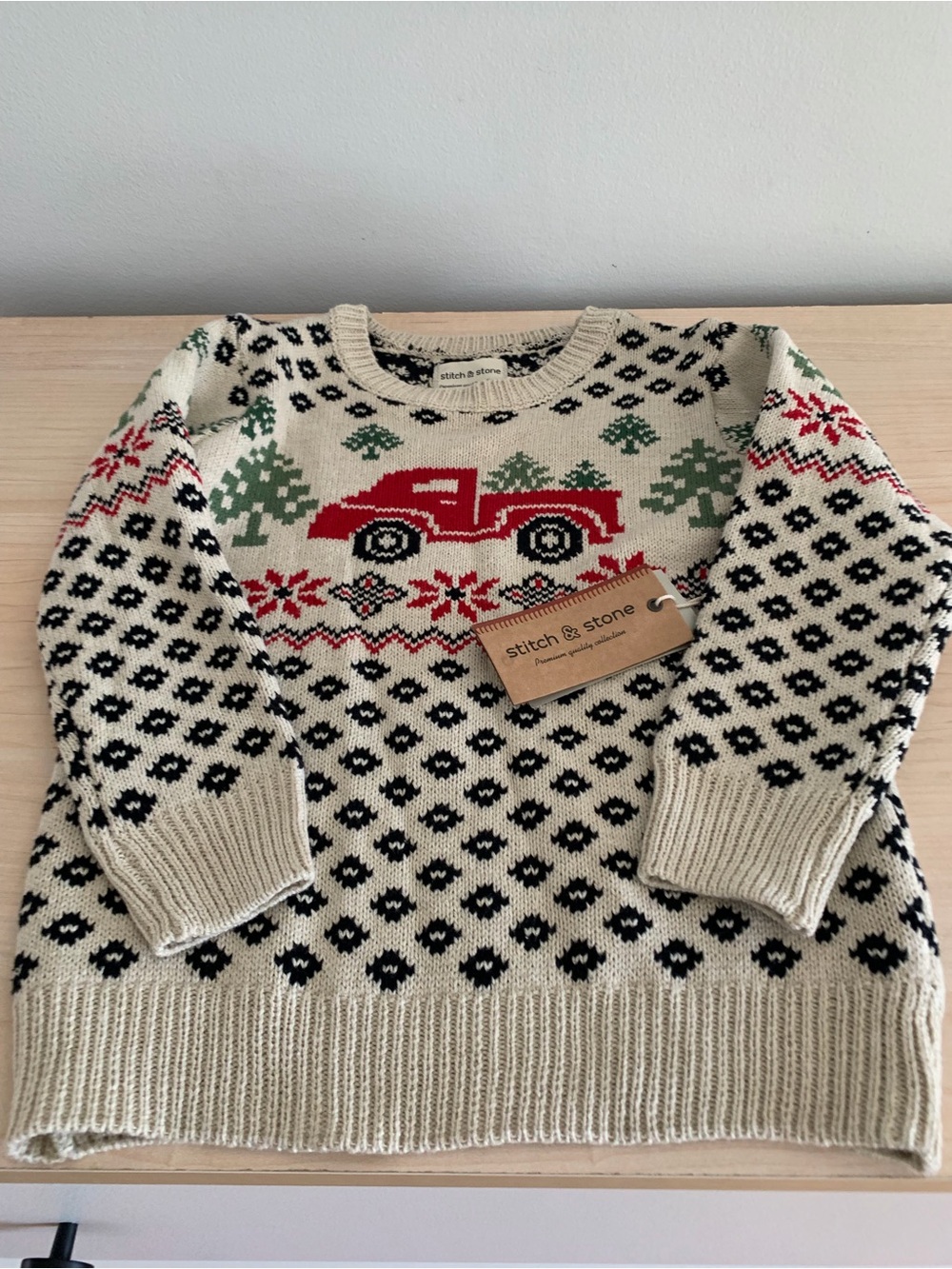 Stitch & Stone Kids Cream Crewneck Sweater with Red Truck